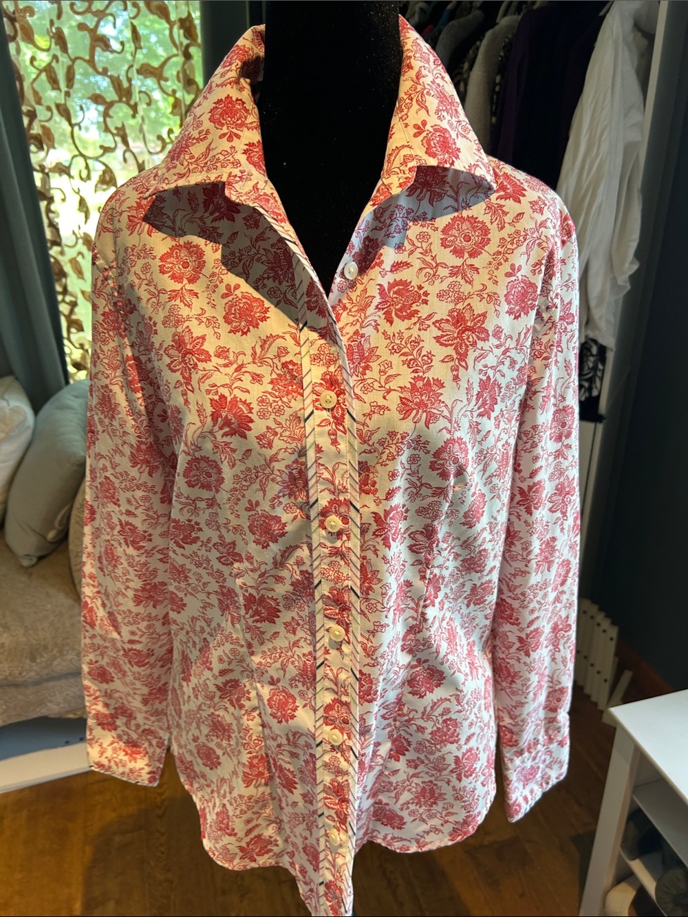 Van Heusen Cream Button-Down Shirt with Red Floral Print